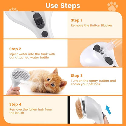 3 in 1 Cat Steam Brush for Cats &amp; Dogs, Pet Spray Hair Removal Comb for Shedding &amp; Grooming, Rechargeable Water Brush for Long &amp; Short Haired Pets with Release Button(White)