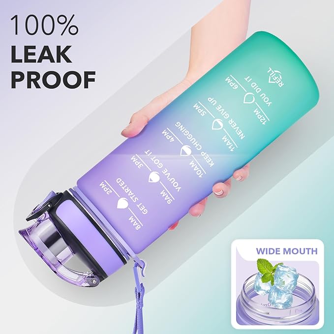 Enerbone Water Bottle, Leakproof BPA &amp; Toxic Free, Motivational Water Bottle with Times to Drink and Straw, Fitness Sports Water Bottle with Strap for Office, Gym, Outdoor Sports