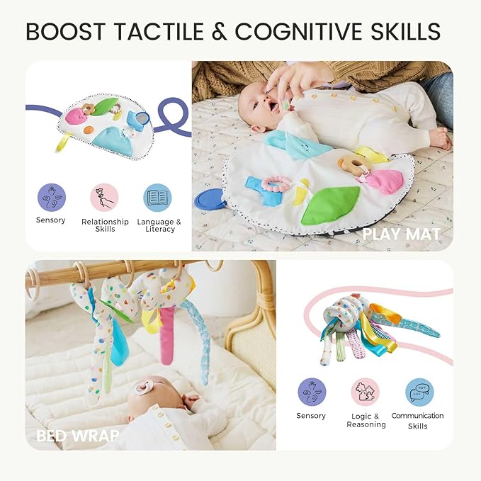 Tiny Land Montessori Baby Toy Set 0-3 Months Newborn Development Sensory Play Kit - 5-in-1 Mirror, Black &amp; White Card Set, Rolling Bell, Play Mat, and Bed Wrap