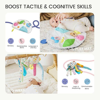 Tiny Land Montessori Baby Toy Set 0-3 Months Newborn Development Sensory Play Kit - 5-in-1 Mirror, Black &amp; White Card Set, Rolling Bell, Play Mat, and Bed Wrap