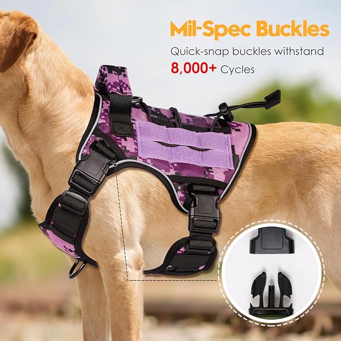 Heavy-Duty Tactical Dog Harness for Large Dogs, No Pull Adjustable Reflective Pet Vest with Molle System, K9 Military-Grade Control for Service Training, Outdoor &amp; 10+ Breeds, Purple Camo, Small