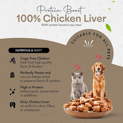 Freeze-Dried Chicken Liver Treats for Cats &amp; Dogs – 100% Human Grade, Single Ingredient, High-Protein, Healthy Snack – No Additives or Preservatives – 3.1oz - Inspected &amp; Tested in USA