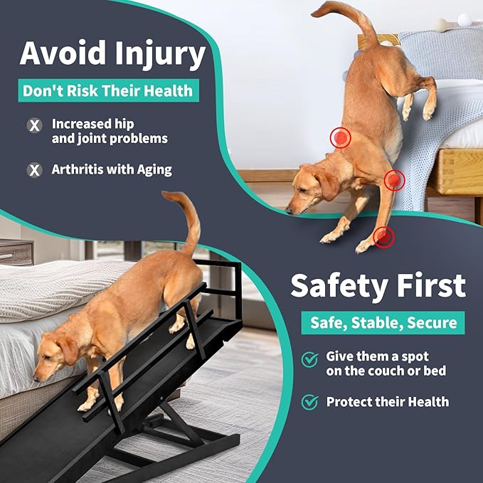 Dog Ramp, 5 Level Adjustable Wooden Folding Pet Ramp for Middle Bed, Couch,SUV-High Traction, Portable Paw Ramps for Small &amp; Large Old Dogs &amp; Cats - Furniture Quality