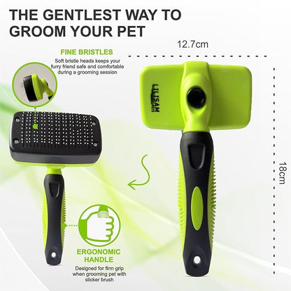 Pet Self Cleaning Slicker Brush and Grooming Comb - Gently Removes Loose Hair, Tangles, and Dirt - Skin Friendly Deshedding Grooming Tool for Hair Dogs &amp; Cats - Pet Supplies Accessories (Green)