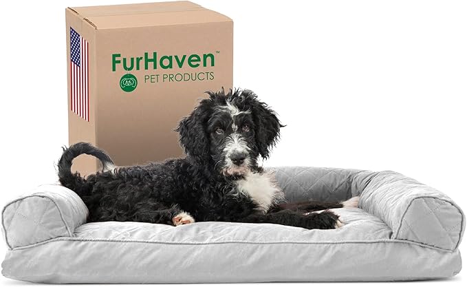 Furhaven Pillow Dog Bed for Large/Medium Dogs w/ Removable Bolsters &amp; Washable Cover - Quilted Sofa - Silver Gray, Large