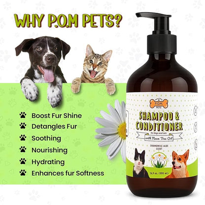 POM Pets 2-in-1 Organic Dog Shampoo &amp; Conditioner – Itchy Skin Relief, Dog Deshedding, Detangles Fur, Cat Shampoo, Paw Cleaner for Dogs, Natural Coat Defense Formula