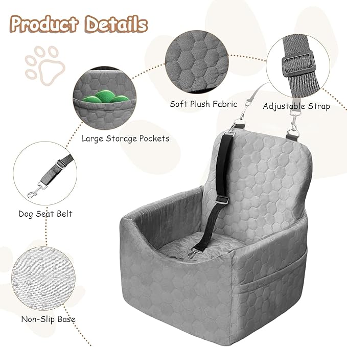 Dog Car Seat for Small/Medium Dogs - Dog Booster Seat with Safety Straps &amp; Non-Slip Base, Travel Pet Car Seat with Storage Pockets, Washable &amp; Removable, Suitable for Dogs Under 35 lbs (Gray)