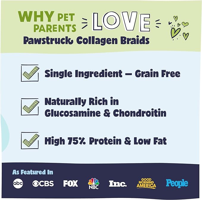 Pawstruck Natural Large 10-13” Beef Collagen Braids for Dogs – Long-Lasting Rawhide &amp; Bully Stick Alternative, with Chondroitin &amp; Glucosamine – 3 Pack