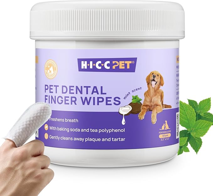 HICC PET Teeth Cleaning Wipes for Dogs &amp; Cats, Vet-Recommended Remove Bad Breath &amp; Plaque &amp; Tartar Buildup Dog Finger Toothbrush Wipes, No-Rinse Dog Tooth Brushing Kit Gentle Cleansing &amp; Gum Care