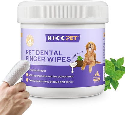 HICC PET Teeth Cleaning Wipes for Dogs &amp; Cats, Vet-Recommended Remove Bad Breath &amp; Plaque &amp; Tartar Buildup Dog Finger Toothbrush Wipes, No-Rinse Dog Tooth Brushing Kit Gentle Cleansing &amp; Gum Care