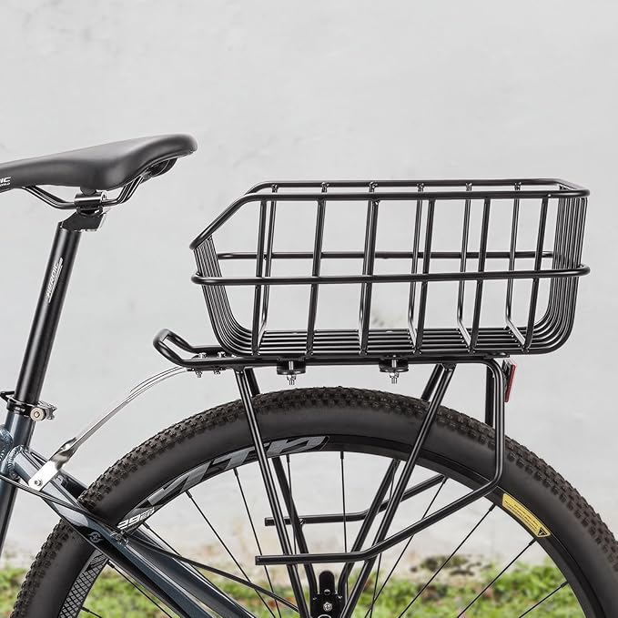CXWXC Rear Bike Basket - Bicycle Rear Basket with Cargo Net and Waterproof Cover - Rear Mount Aluminium Bike Basket Large Capacity
