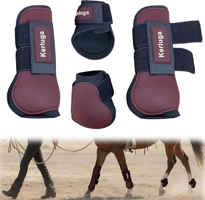 Horse Tendon Boots Set of 4 Open Front &amp; Fetlock Boot for Horses Professional Sport Protection Impact-Absorbing Equine Leg Support for Jumping, Riding, Training (Wine Red, Full)