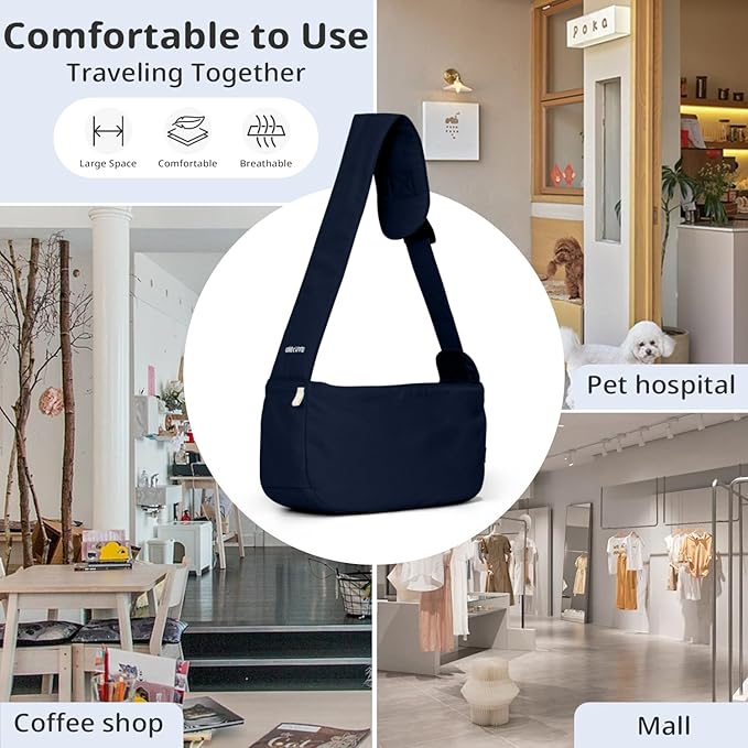 Dog Sling Carrier for Small Dogs and Cats, Lightweight Collapsible Pet Travel Bag with Adjustable Strap, Side Pockets &amp; Breathable Mesh (Navy Blue, 15.7" L x 5.9" W x 8.6" H)