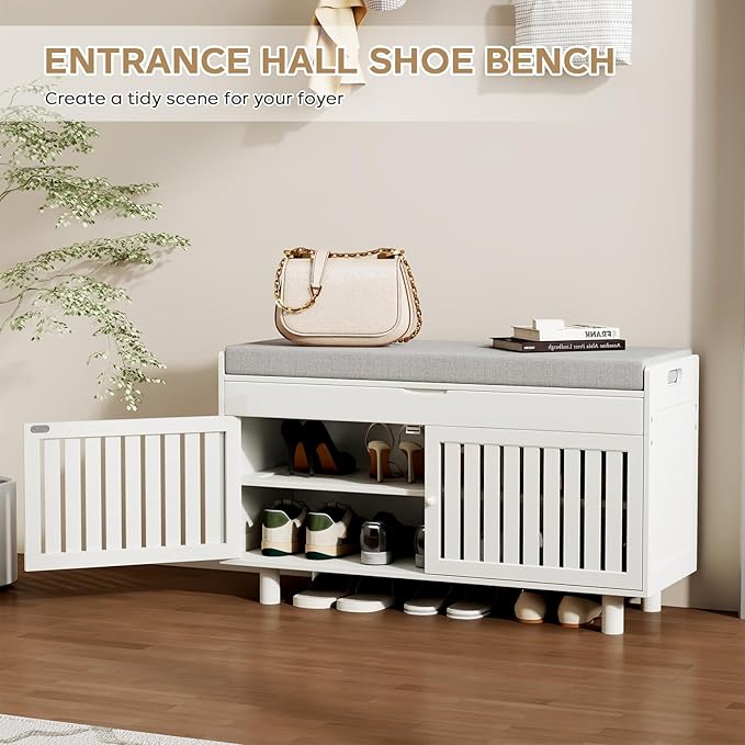 Storage Bench, Bamboo Shoe Bench with Padded Seat Cushion &amp; 2 Doors, 2-Tier Entryway Bench with Lift Top Hidden Storage, 35.4" W x 12.6" D x 19.7" H, Shoe Rack Cabinet for Entryway, Living Room, White