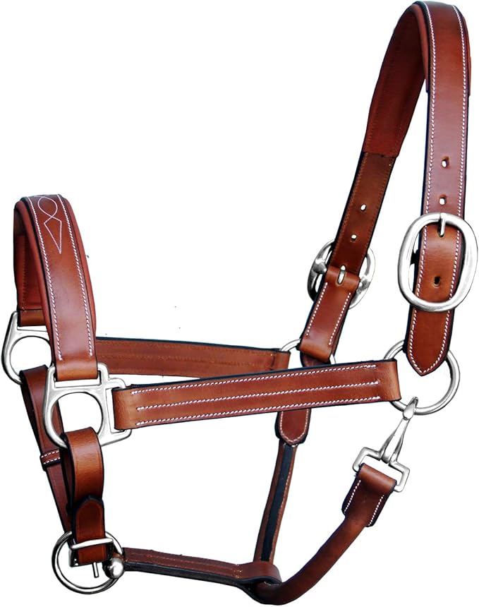 Exion Leather Horse Halter with Fancy Stitching | Black &amp; Brown Padded Halter with Silver Brass Hardware | Quick-Release Snap | Adjustable Leather Halter – Cob, Full, Over, Pony Sizes