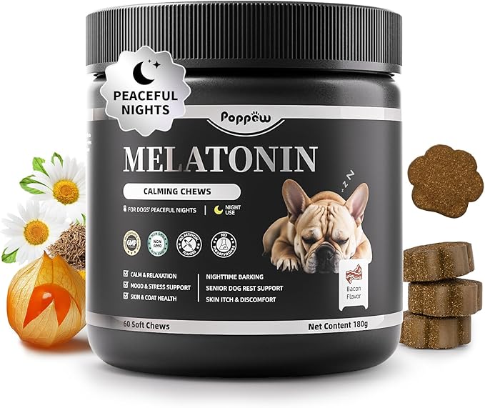 Melatonin for Dogs, Calming Chews with Valerian Root &amp; L-Theanine for Sleep Aid &amp; Emotional Support, Calming Treats for Stress Anxiety Relief - Thunder, Fireworks, Barking, Bacon Flavor, 60Ct