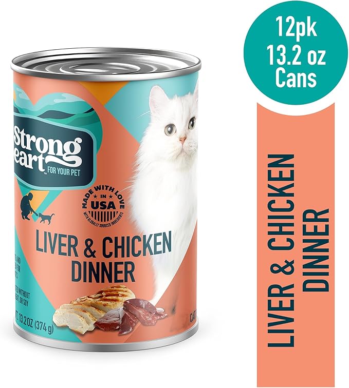 A Strong Heart Canned Wet Cat Food, Liver &amp; Chicken Dinner - 13.2 oz Cans (Pack of 12), Made in The USA with Real Chicken &amp; Liver