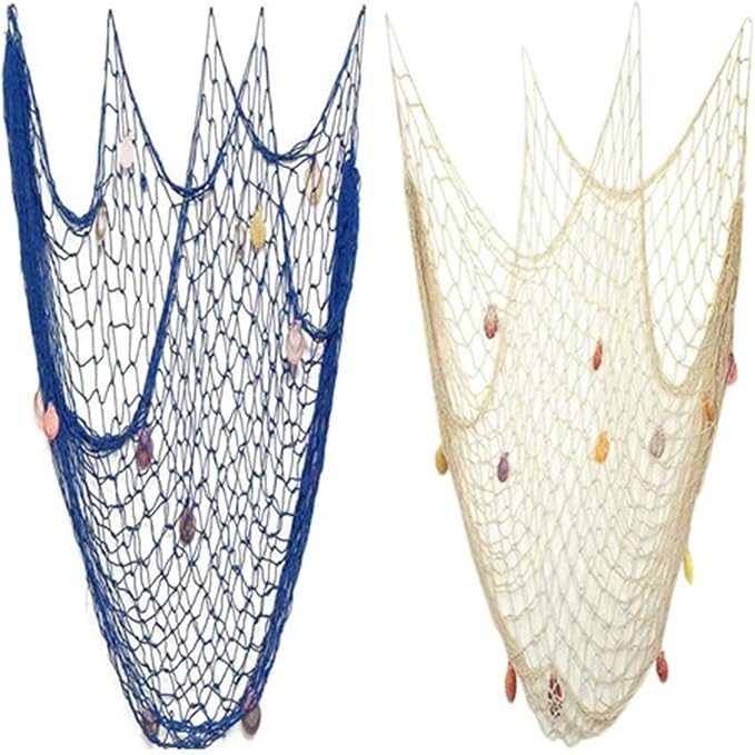 Nature Fish Net Wall Decoration with Shells, Ocean Themed Wall Hangings Fishing Net Party Decor for Pirate Party,Wedding,Photographing Decoration (Fishnet-2pack-Beige &amp; Blue)