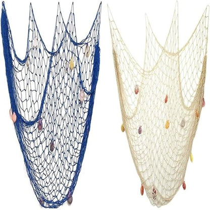 Nature Fish Net Wall Decoration with Shells, Ocean Themed Wall Hangings Fishing Net Party Decor for Pirate Party,Wedding,Photographing Decoration (Fishnet-2pack-Beige &amp; Blue)