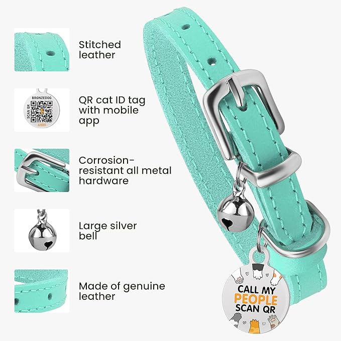 BRONZEDOG Leather Cat Collar with Removable Bells Non Breakaway Kitten QR Tag for Girl Boy (7" - 9" for Cats, Turquoise &amp; Silver)