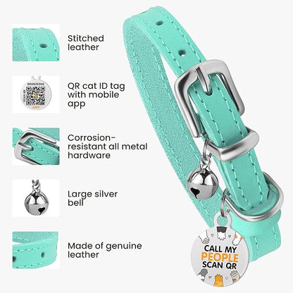 BRONZEDOG Leather Cat Collar with Removable Bells Non Breakaway Kitten QR Tag for Girl Boy (7" - 9" for Cats, Turquoise &amp; Silver)