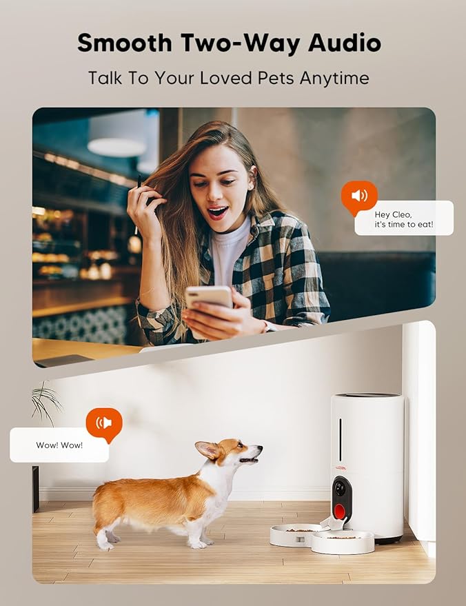 WOPET Automatic Cat Feeder with Camera for Two Cats, 6L Automatic Dog Feeder with HD Video and Night Vision, 5G/2.4G WiFi Pet Feeder for Cats &amp; Dogs, SD Card Storage &amp; 2-Way Audio