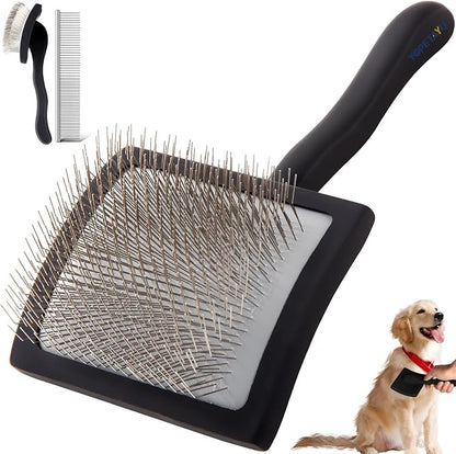 Dog Slicker Brush for Shedding and Grooming Medium or Long Haired Cats, Extra Long &amp; Soft Pin Slicker Brush for Removes Loose Hair, Tangles, Knots, Undercoat, Free Pet Comb, Large Black