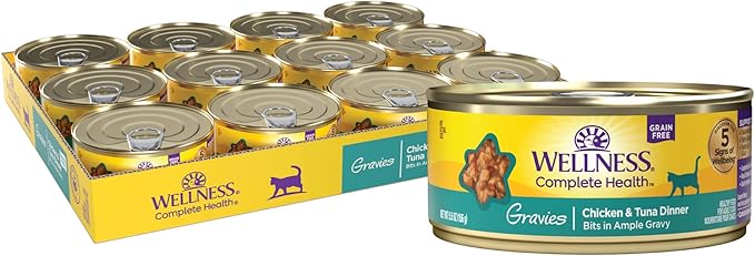 Wellness Complete Health Gravy Adult Wet Cat Food, Natural, Protein-Rich, Grain Free, 5.5 Ounce, 12 Pack, (Chicken &amp; Tuna Dinner)