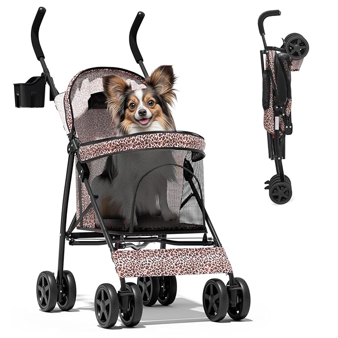 Magshion Compact Pet Stroller for Small-Medium Dogs/Cats up to 22lbs, 4-Wheel Lightweight Umbrella Shaped Portable Puppy Travel Jogger with Breathable Mesh, Cup Holder &amp; Rear Storage, Leopard Print