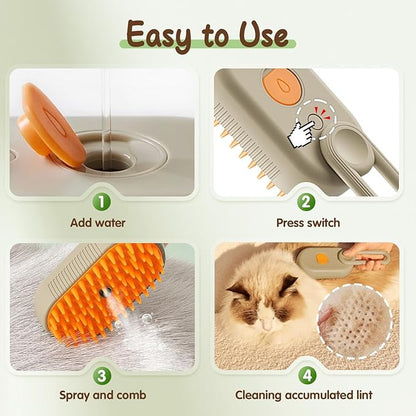 Cat Steam Brush for Shedding, 2025 New 3 in 1 Cat Brushes for Indoor Cats, Pet Steam Groomer Comb, Hair Water Brush Hair Removal Comb for Cats Dogs (Khaki)