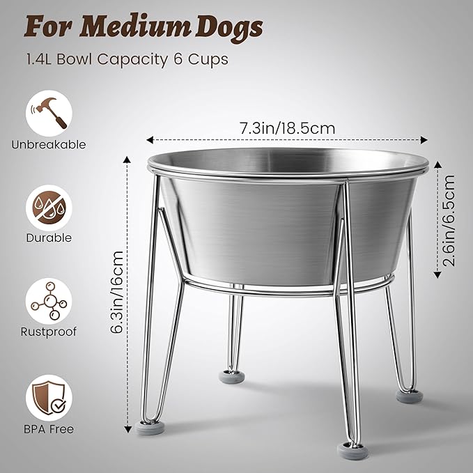 Elevated Dog Bowls for Medium&amp;Small Dogs - Stainless Steel 48oz/6 Cups Raised Feeder with Non-Slip Base, Dual Food &amp; Water Bowls 2-Pack