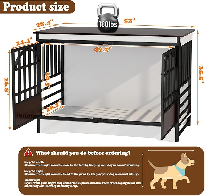 COZPAW 52 Inch Dog Crate Furniture, Extra Large Dog Kennel Indoor for XLarge Breed, Heavy Duty Dog Cage with Double Elegant Arched Doors, Decorate as TV Stand &amp; End Table - White Brown