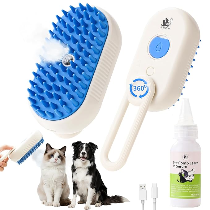 Cat Steam Brush for Shedding,4 in 1 Grooming Brush for Cats and Dogs,Deshedding,Massage,Cleaning &amp; Anti-Static All In One,Suitable for Long &amp; Short Haired Pets,Includes Waterless Shampoo,Blue