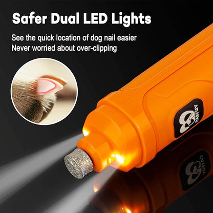 Casfuy Dog Nail Grinder with 2 LED Light - New Version 2-Speed Powerful Electric Pet Nail Trimmer Professional Quiet Painless Paws Grooming &amp; Smoothing for Small Medium Large Dogs and Cats (Orange)