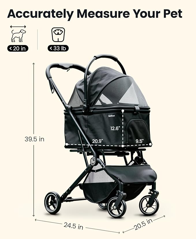 4 Wheels Pet Stroller, Dog Stroller for Small/Medium Dogs and Cats up to 33 lbs, One-Click Fold &amp; Draggable, Removable Carrier, Zipperless Entry, Mesh Windows, Black