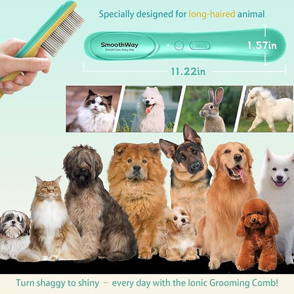 Premium Flea Comb for Dogs &amp; Cats with Long Hair - 3-Row Stainless Steel Detection Tool with Manual Cleaning Brush | Electric Negative Ion Grooming Comb for Shaggy Dogs, Cats and Long-haired Animals