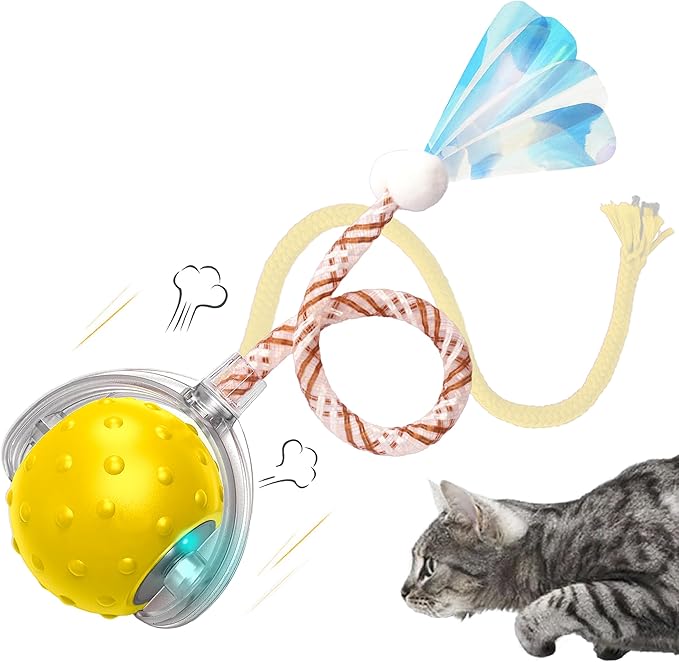 Interactive Cat Toy – Motion Activated Rolling Ball with LED Lights &amp; 3 Play Modes &amp; Two Different Tails - Best Toy for Indoor Cats &amp; Kittens to Stay Active and Stimulate Hunting Instinct (Yellow)