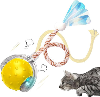 Interactive Cat Toy – Motion Activated Rolling Ball with LED Lights &amp; 3 Play Modes &amp; Two Different Tails - Best Toy for Indoor Cats &amp; Kittens to Stay Active and Stimulate Hunting Instinct (Yellow)