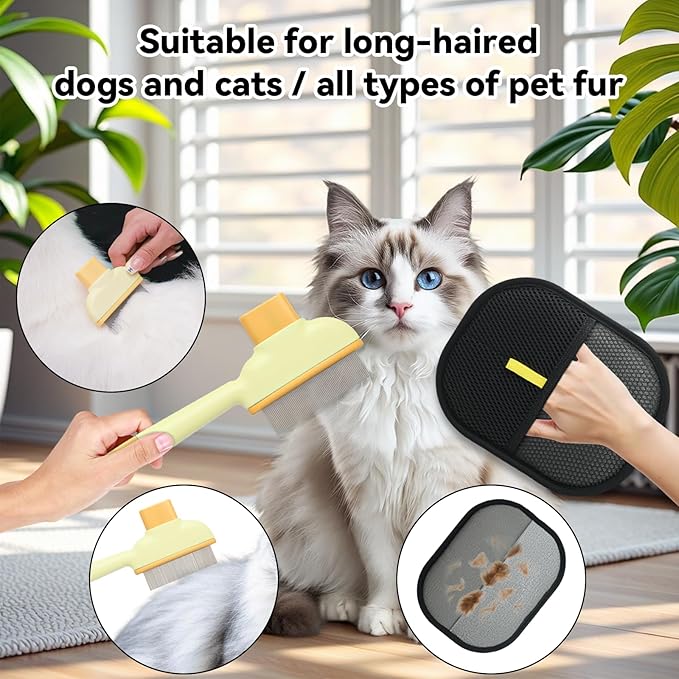 2 Pet Hair Removal Gloves, 2 Flea Combs for Cats and Dog，Reusable Electrostatic Gloves and Long &amp; Short Flea Combs, 4 PCS pet hair removal tools