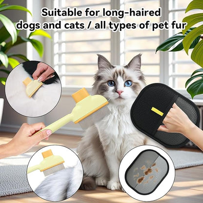 2 Pet Hair Removal Gloves, 2 Flea Combs for Cats and Dog，Reusable Electrostatic Gloves and Long &amp; Short Flea Combs, 4 PCS pet hair removal tools