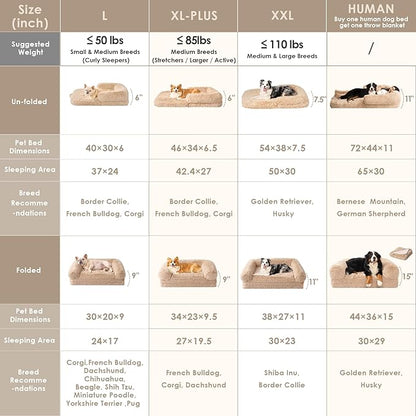 EHEYCIGA Foldable XXL Dog Bed, Faux Fur Fluffy Pet Couch Bed for Extra Large Dogs, Orthopedic Calming Memory Foam Big Pet Bed, Washable Soft Pet Sofa Bed with Non-Slip Bottom, Camel, 54"x38"x7.5"