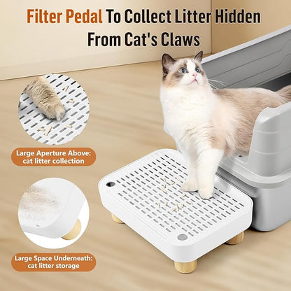 Cat Litter Box Step Ramp, Cat Litter Catcher Mat with Wooden Feet, Filter Function, Cat Pedal Stool for Self-Cleaning Cat Litter Box, Ideal for Kitten &amp; Elderly Cats (White)