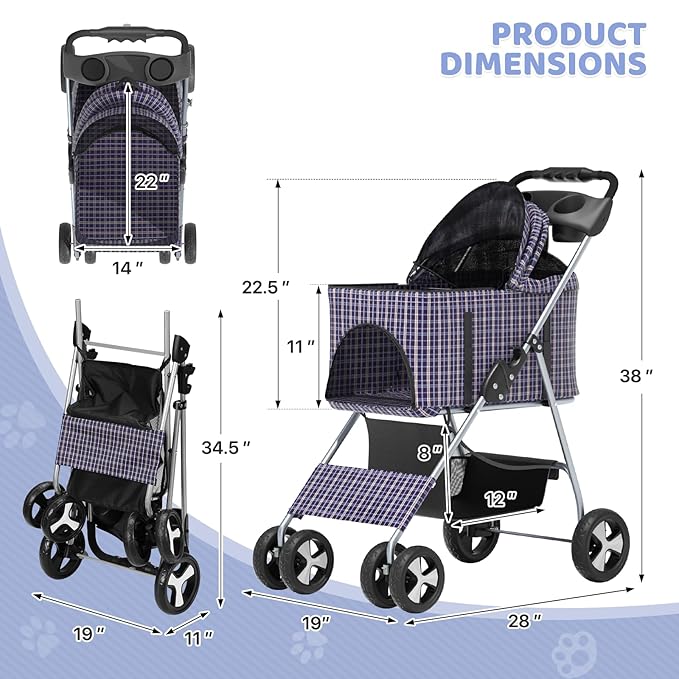 Magshion Foldable Pet Stroller, 3-in-1 Dog Travel Jogger with Detachable Carrier, Cup Holder, Storage Basket, Folding Carrier for Small/Medium Dogs &amp; Cats Up to 33 lbs, Plaid