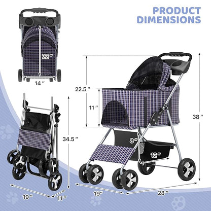 Magshion Foldable Pet Stroller, 3-in-1 Dog Travel Jogger with Detachable Carrier, Cup Holder, Storage Basket, Folding Carrier for Small/Medium Dogs &amp; Cats Up to 33 lbs, Plaid