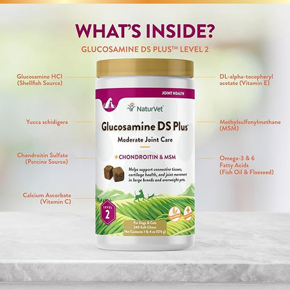NaturVet – Glucosamine DS Plus - Level 2 Moderate Care – Supports Healthy Hip &amp; Joint Function – Enhanced with Glucosamine, MSM &amp; Chondroitin – for Dogs &amp; Cats – 240 Soft Chews
