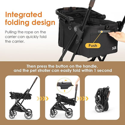 X2 Pet Stroller, Dog Cat Stroller for Small Pets Under 44lbs, Equipped with Detachable &amp; Foldable Carrier, Waterproof Pad &amp; Sunshade Canopy,Camel (Black)