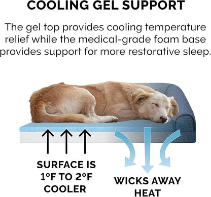 Furhaven Cooling Gel Dog Bed for Large/Medium Dogs w/ Removable Bolsters &amp; Washable Cover, For Dogs Up to 55 lbs - Plush &amp; Almond Print L Shaped Chaise - Blue Almonds, Large