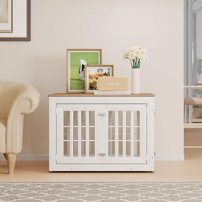 32" Heavy Duty Dog Crate Furniture for Small,Medium and Large Dogs,Rustic Wooden Dog Cage Kennel Indoor Furniture with Waterproof Top,Decorative Pet House Side End Table (White &amp; Wood)
