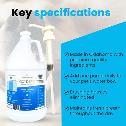 Oxydent Premium Pet Dental Care Solution - Pet Water Additive &amp; Mouthwash for Teeth Cleaning - Eliminate Bad Dog &amp; Cat Bad Breath - Dog Dental Rinse - Fights Tartar &amp; Plaque - 1 Gallon