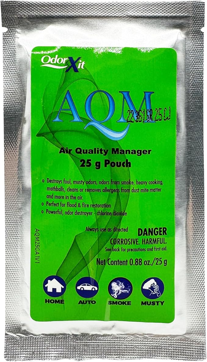 AQM by OdorXit, Air Quality Manager Chlorine Dioxide Odor Removal Packet, Dog Odor Eliminators for Hom, Wet Dog Smell &amp; Car Deodorizer, Cigarette &amp; Strong Smell Neutralizer, 25g
